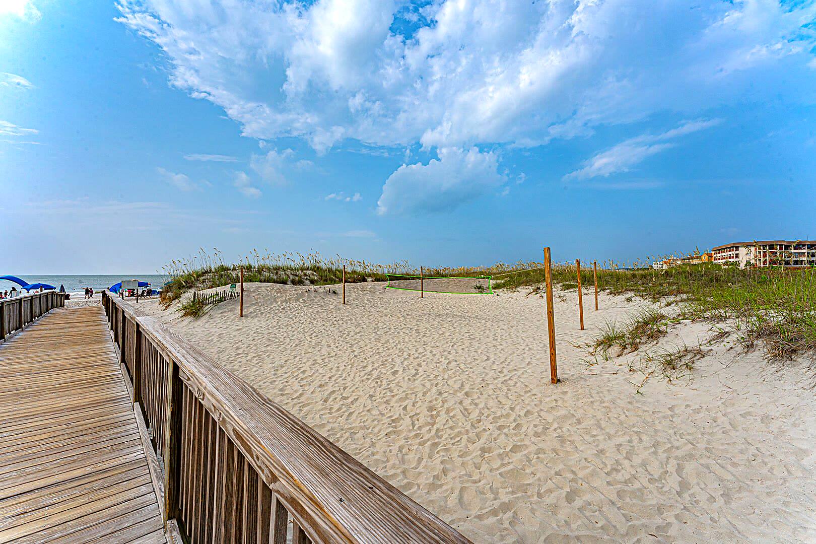 Beach volleyball net in the dunes beside a boardwalk on Hilton Head Island